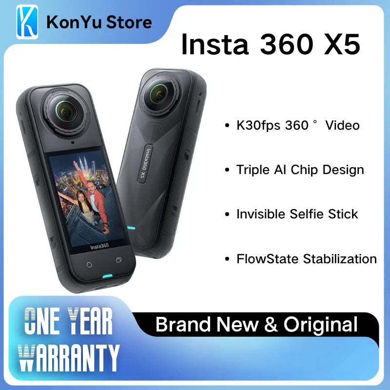 Insta360 X5 Action Camera Waterproof 8K 30fps Replaceable Lenses Triple AI Chip Superior Low Light 185 Mins Run Life