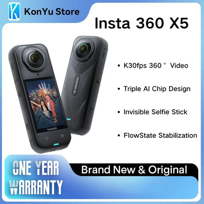 Insta360 X5 Action Camera Waterproof 8K 30fps Replaceable Lenses Triple AI Chip Superior Low Light 185 Mins Run Life