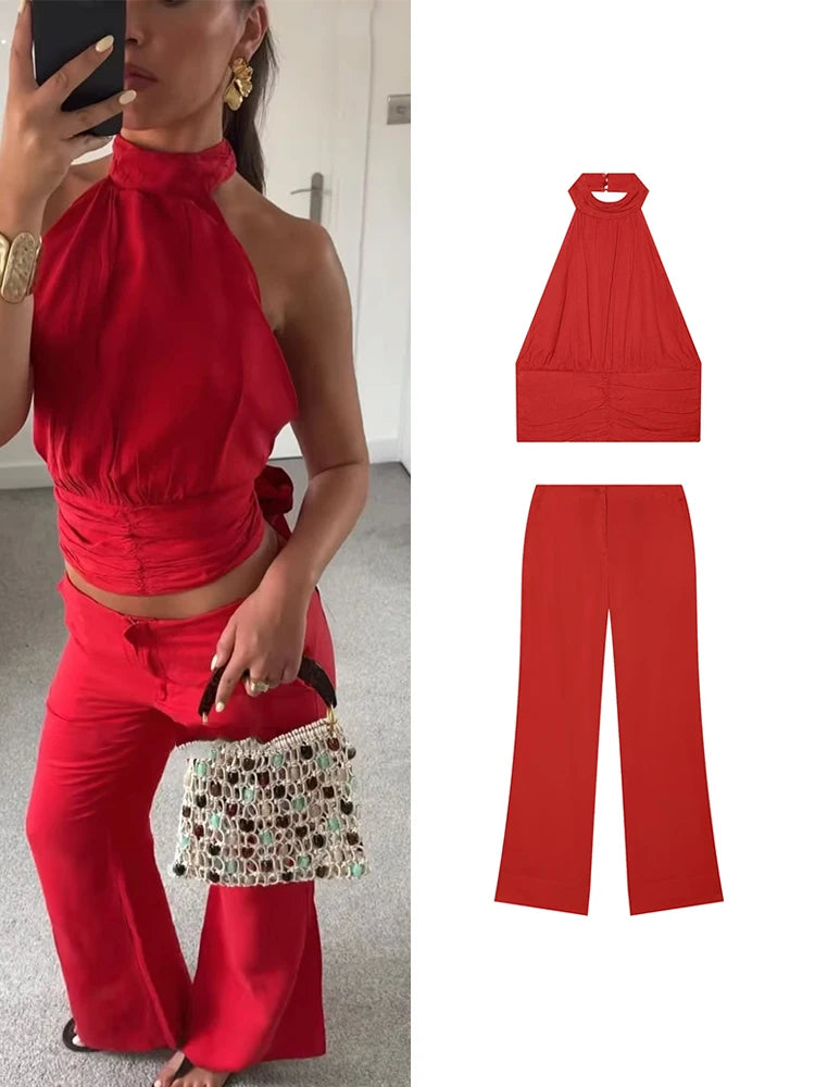 TFMLN Women's Red Ruffled Top Set Halter Crop Backless Sleeveless Top Chic High Waist Straight Trousers Outfit Fashion Sexy
