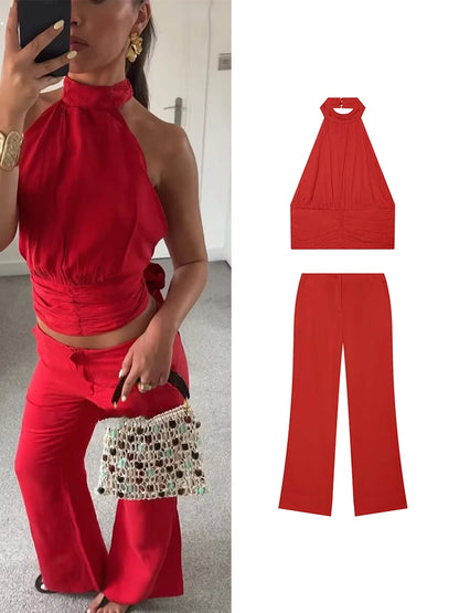 TFMLN Women's Red Ruffled Top Set Halter Crop Backless Sleeveless Top Chic High Waist Straight Trousers Outfit Fashion Sexy