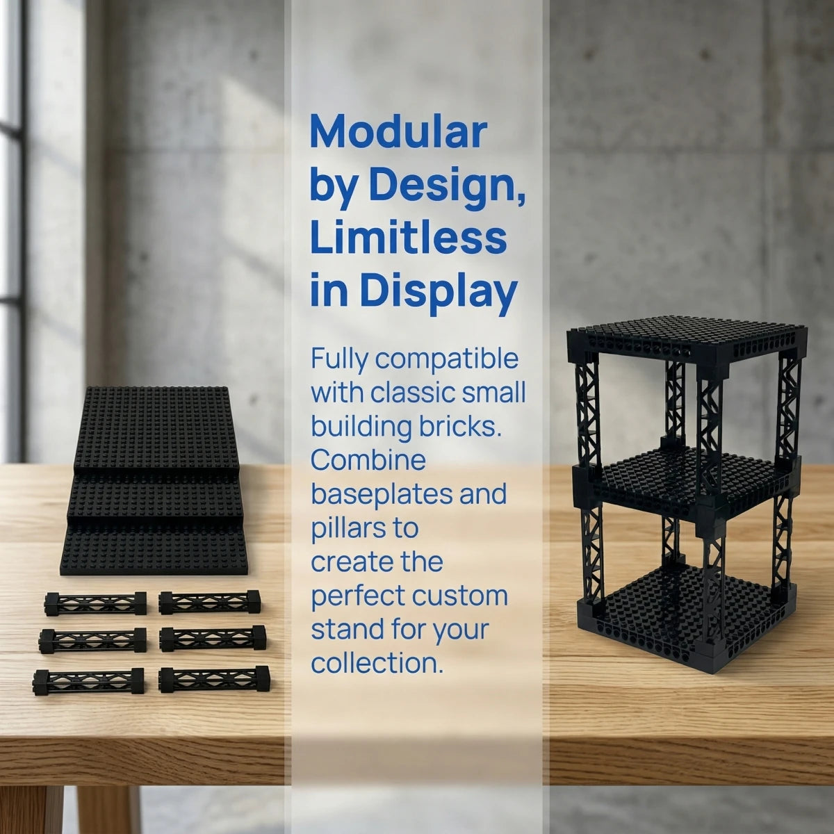 IDEAMOC 3pcs Baseboards and 8pcs Black Pillars Building Blocks DIY Toys 12.6*12.6cm Baseplate Black Pillars Asst