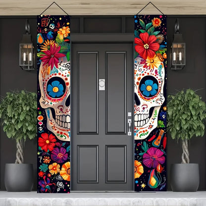 2PCS Mexican Day of The Dead Porch Sign Door And Wall Decoration Couplets Banner for Dia De Los Muertos Celebration Party Supply