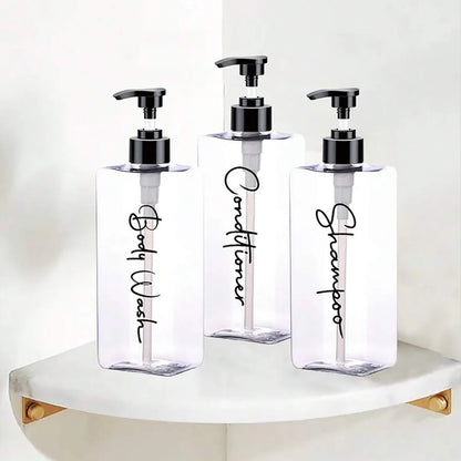 3 Transparent Square Refillable Shampoo and Conditioner Dispensers, 400ml Each, with 3 Waterproof Labels