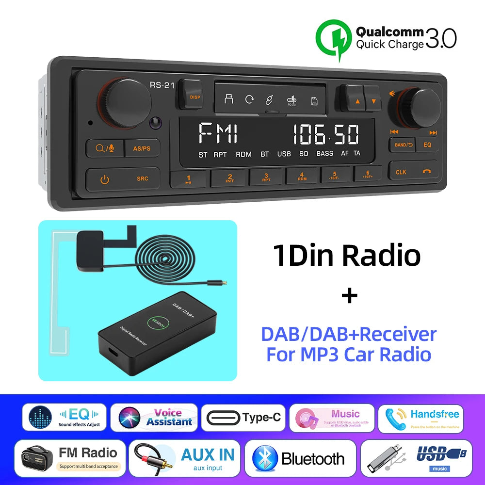 1DIN Retro Car Radio MP3 Player Stereo Bluetooth FM AM RDS Support QC3.0 For Porsche VW Benz BMW Land Rover Audi Alfa Romeo