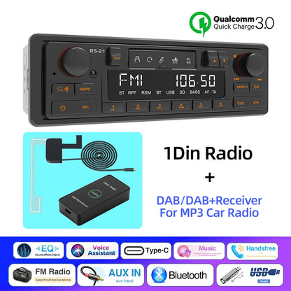 1DIN Retro Car Radio MP3 Player Stereo Bluetooth FM AM RDS Support QC3.0 For Porsche VW Benz BMW Land Rover Audi Alfa Romeo