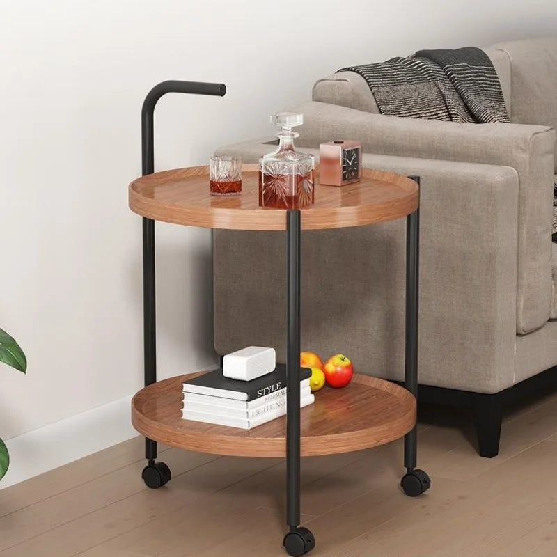 Nordic Style Rolling Side Table Multifunctional Double-Layer Coffee Table with Wheels Hardwood Side Table Movable Small Table