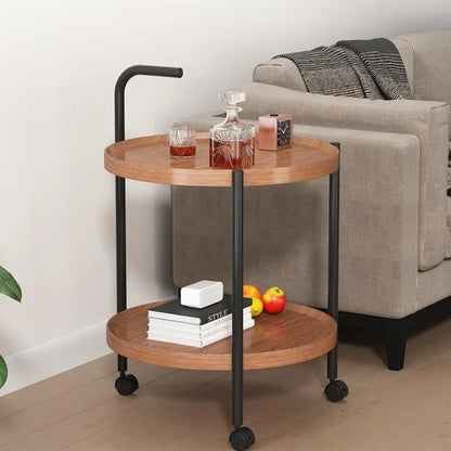 Nordic Style Rolling Side Table Multifunctional Double-Layer Coffee Table with Wheels Hardwood Side Table Movable Small Table
