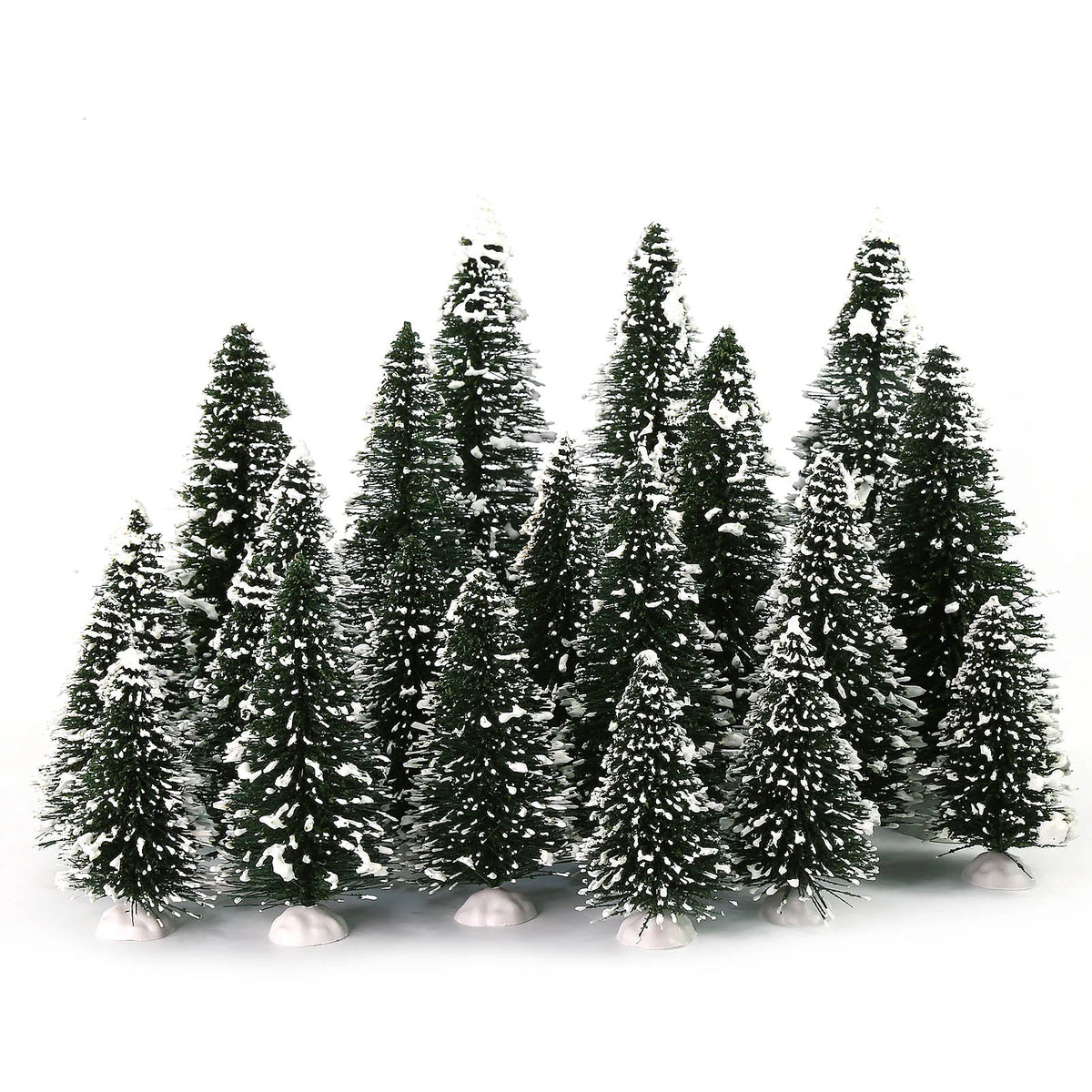 Evemodel 20pcs Snowy Pine Trees Miniature Christmas Trees Covered Snow with White Bases for Christmas Home Party Decor XS0804
