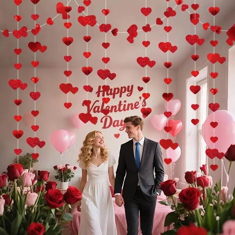1-4PCS Red Heart Garland Metallic Glitter Hanging Heart Streamer Banner for Anniversary Mother's Day Engagement Wedding Supplies