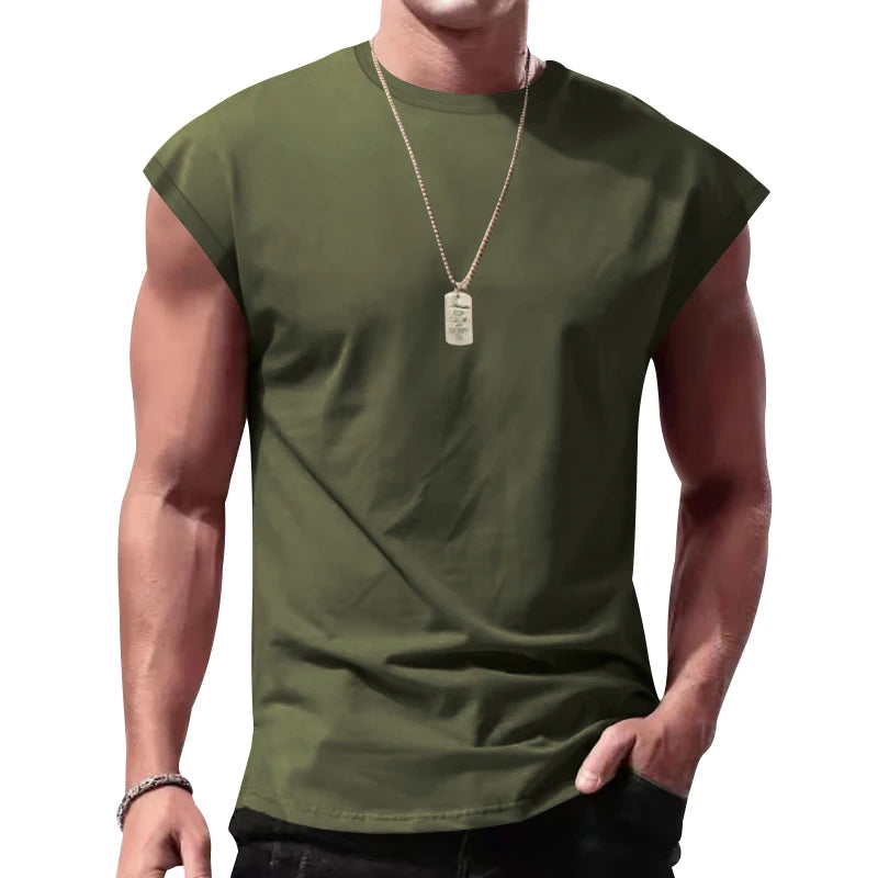 Independent Station 24 Cross-Border Men's Summer New Sleeveless T-Shirt Youth Casual Loose Solid Color Thin Shoulder T-Shirt Spo
