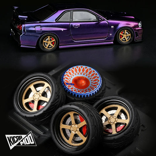 Kicarmod 1/64 10.5mm Alloy Model Rim & Rubber Tire Set, 4Pcs Replacement Wheels for Tomica Custom Diecast Model Cars