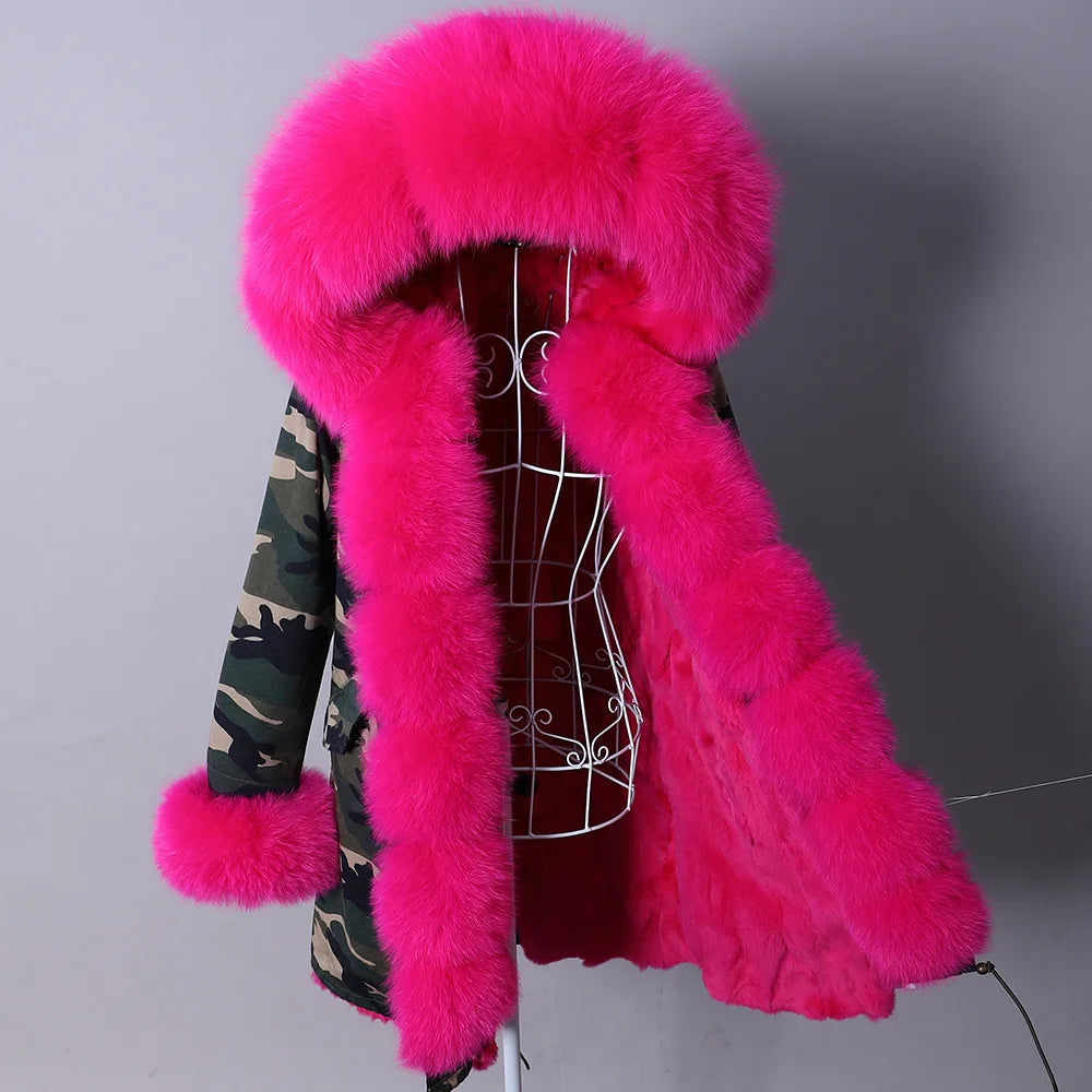 2026 Maomaokong Women's Winter Coats Rabbit Lining Jacket Natural Real Raccoon Fur Collar Parka Fox Fur Long Female Clothing