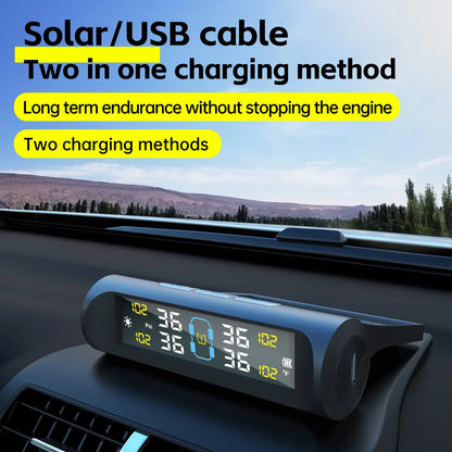 TPMS Solar Powered Car Tire Pressure Monitoring System with 4 Wheel Internal External Sensors Tyre Auto Security Alarm Tester
