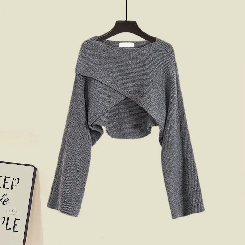 2026 Women's Spring Autumn New Dress Matching Set Female Elegant Short Knitted Sweater+Irregular Sexy Strap Skirt Two Piece Suit