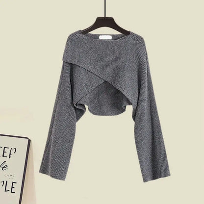 2026 Women's Spring Autumn New Dress Matching Set Female Elegant Short Knitted Sweater+Irregular Sexy Strap Skirt Two Piece Suit
