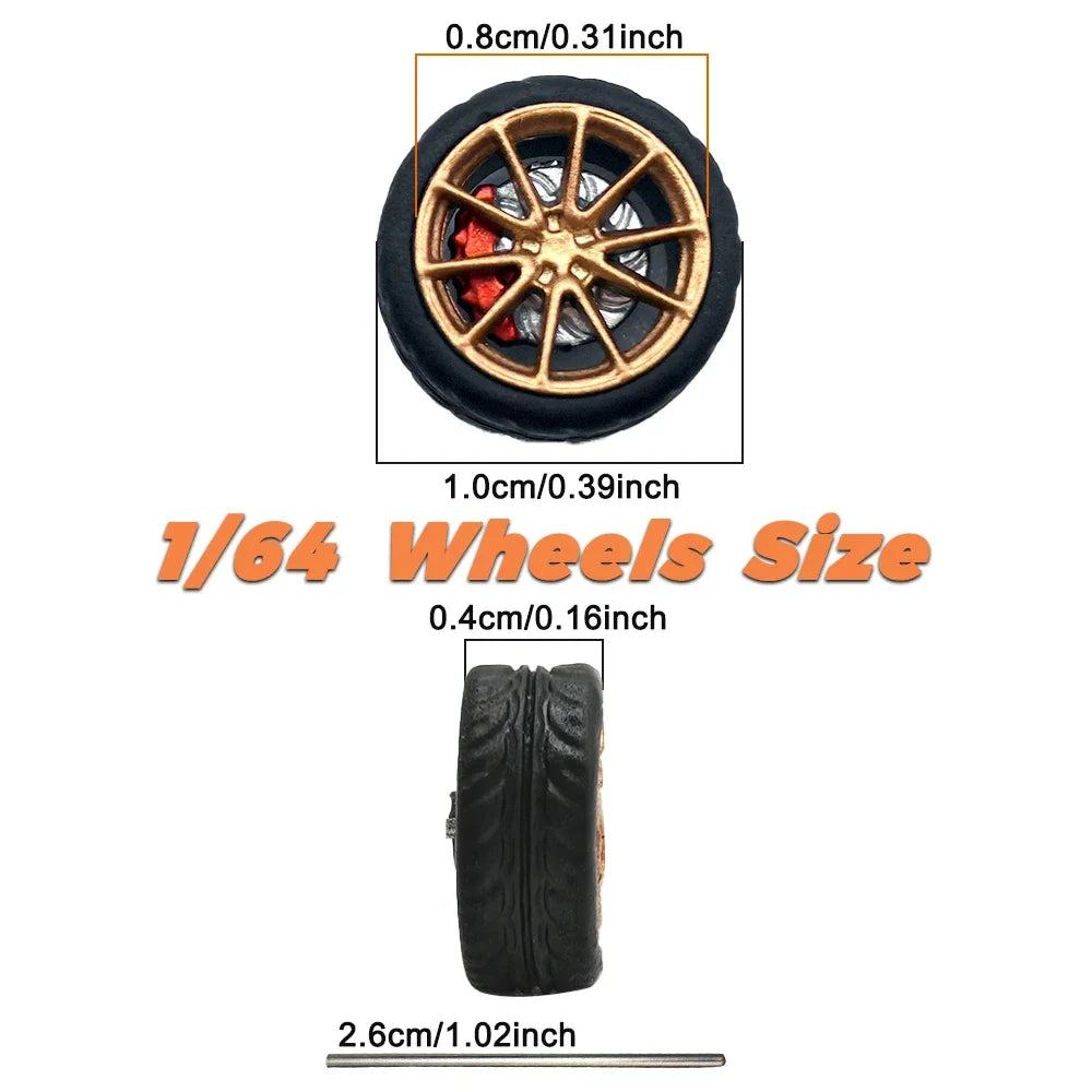 Kicarmod 1/64 Model Car ABS Wheels with Rubber Tire Brake Disc Refitting Parts Diameter 10mm For Model Car Tomica
