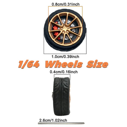 Kicarmod 1/64 Model Car ABS Wheels with Rubber Tire Brake Disc Refitting Parts Diameter 10mm For Model Car Tomica