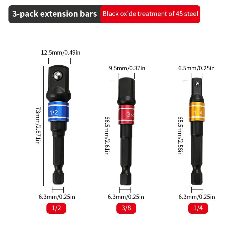 Chrome Vanadium Steel Socket Adapter Hex Shank to 1/4" 3/8" 1/2" Extension Drill Bits Driver Electrical Drilling Heads