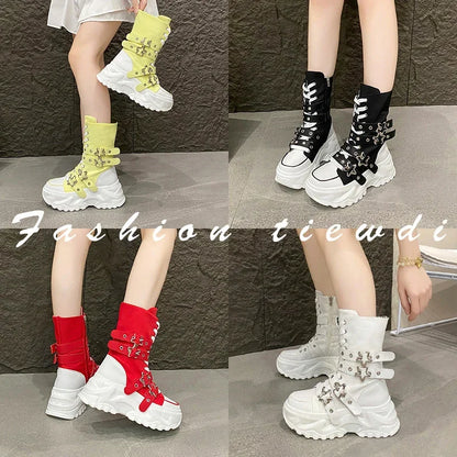 New Rock Platform Y2K Boots Women Summer 2026 Gothic Metal Star Belt Buckle Thick Sole Mid Calf Boots Woman Designer Punk Shoes