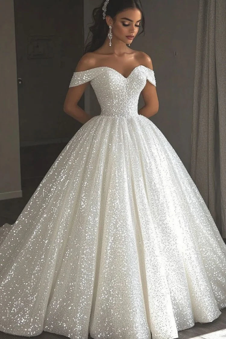 Luxury Off Shoulder Sparkly Sequin Ball Gown Wedding Dress 2026 Cathedral Train Bridal Gown Plus Size Vestido De Novia Custom
