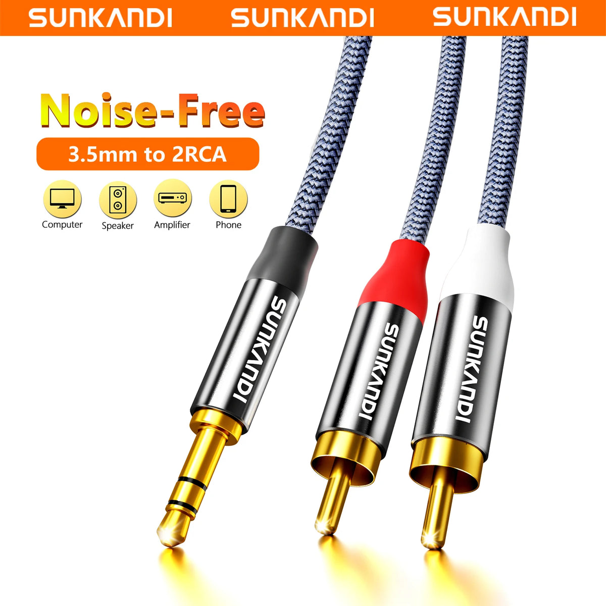 SUNKANDI RCA to 3.5mm Audio Cable,3.5mm to 2 RCA Male to Male Stereo Aux Cord for Smartphones, MP3, Tablets, Speakers, HDTV