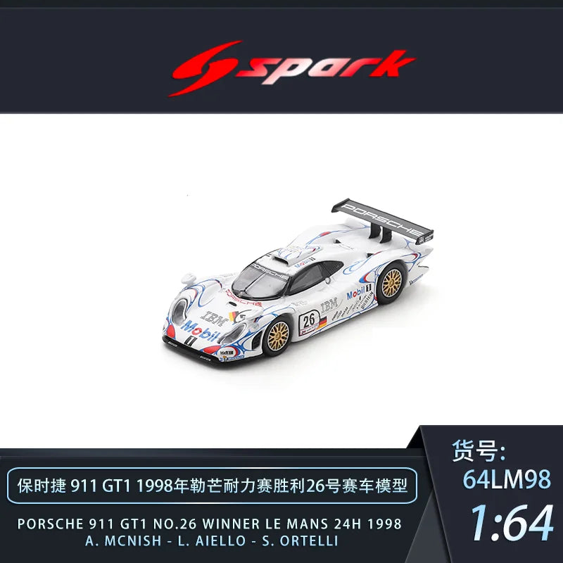 SPARK 1:64 911 GT1 Le Mans 1998 #25 #26 Die‑cast Alloy Model With Display Base