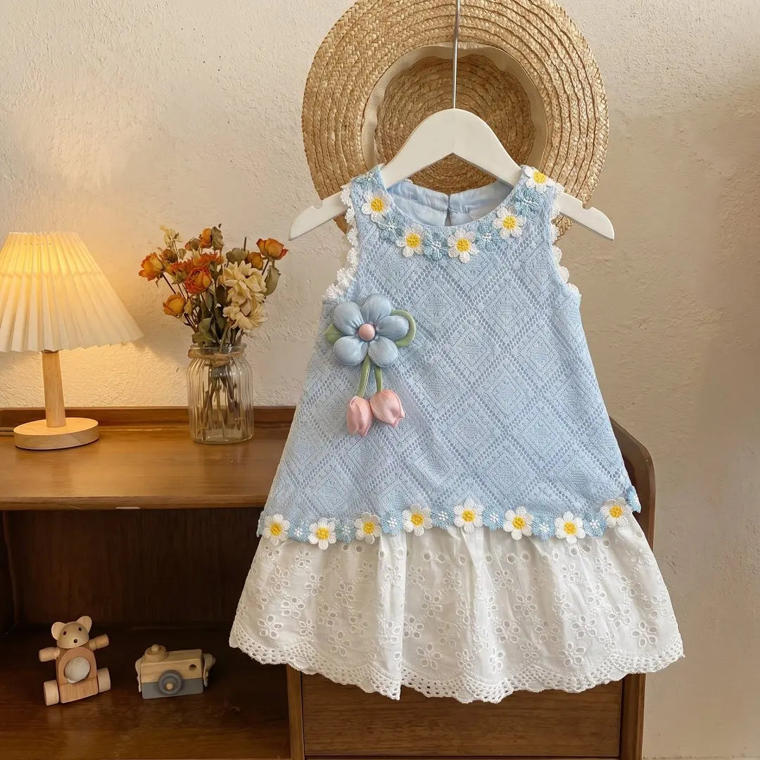 Girls' Dress Summer New Style Children's Fashionable Lace Princess Dress Little Girl Sweet Floral Vest Dress