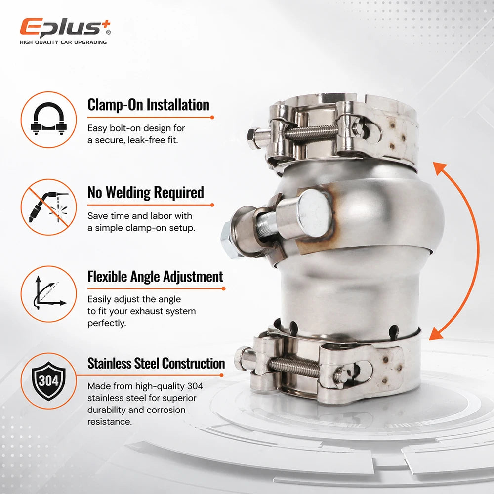 EPLUS Car Exhaust Pipe Stainless Steel Universal Connector Adjustable Swivel Joint Pipe Clamp-On Design No Welding Needed