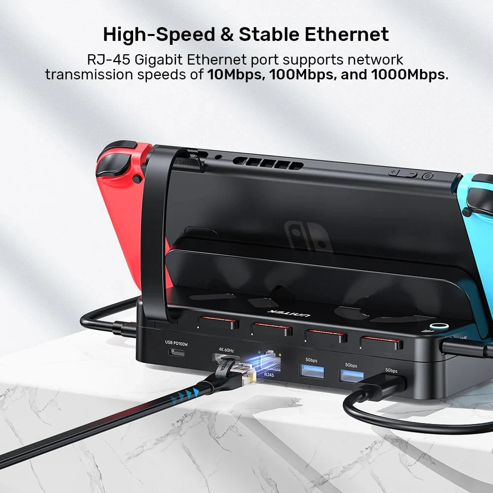 G1002G Switch Docking Station with 4K HDMI Gigabit Ethernet USB HUB PD100W Charging 4-in-1 Game Card Reader for Nintendo Switch