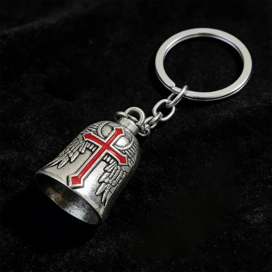 Punk Style Bell Keychain Metal Wing Cross Pendant Vintage Helmet Motorbike Rider Charm Bag Car Key Ring Gift