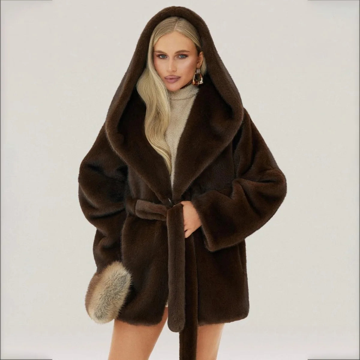 IG Women Dark Brown Hooded Faux Fur Coat Waist Tie Belt Wrap Front Mid Short Plush Fluffy Jacket Cuffed Sleeve Luxury Warm