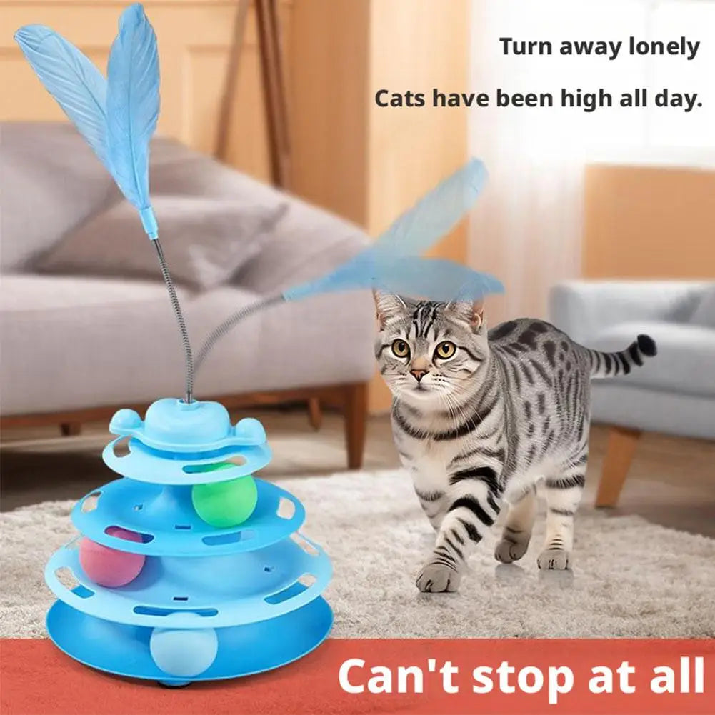 Cute 4 Layer Cat Track Toy Interactive Roller Turntable Ball With Moving Feather Wand For Kitten Fun Pet Accessories
