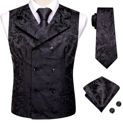 Formal Men V-Neck Waistcoat 4-in-1 Set Vest Tie Pocket Square Cufflinks Wedding Dress Accessory