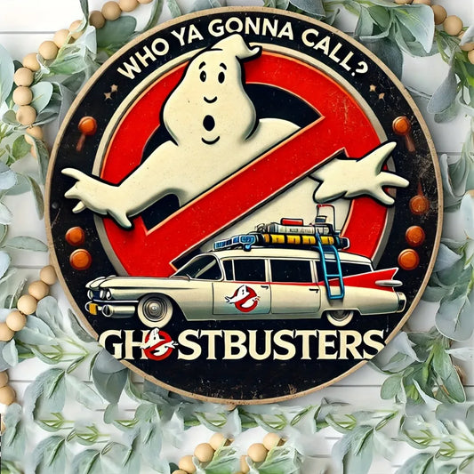 Vintage Ghostbusters Logo Tin Sign, Round Distressed Metal Wall Art with Ghost & Ecto-1 Car, 80s Movie & Man Cave Decor