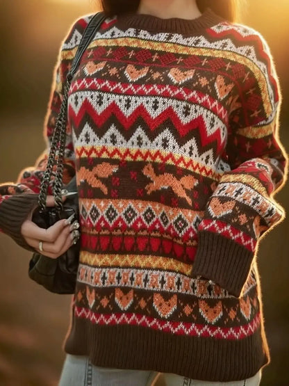 New Christman-themed autumn and winter cute animal fox pattern jacquard round-neck pullover sweater for women