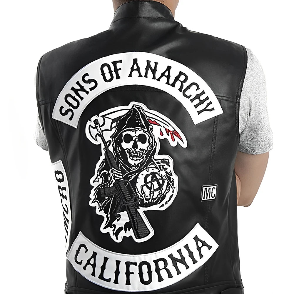 Men Motorcycle Spring Jackets SOA Punk Black Motorbike Gilet Sons of Anarchy Leather Moto Jacket Vest