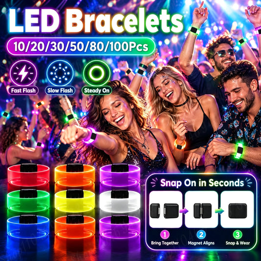 10-100Pcs LED Bracelets for Party Light Up Bracelets Magnetic Clasp LED Wristbands Bulk for Wedding Light Up Party Halloween