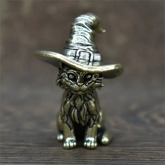 1pc Vintage Brass Witch Cat Statue, Solid Miniature Cat Sculpture, Decorative Animal Figurine, Antique Copper Tea Pet, Collectib