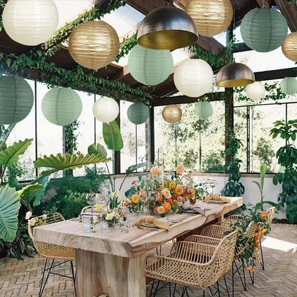 15-Piece Set of Paper Lantern Decorations, Round Hanging Paper Lantern Decorations, Suitable for Country Parties, Bridal Showers, Weddings, Gray-Green Birthday Party Supplies in Gold/Ivory/Grey-Green, Party Supplies, Ceiling