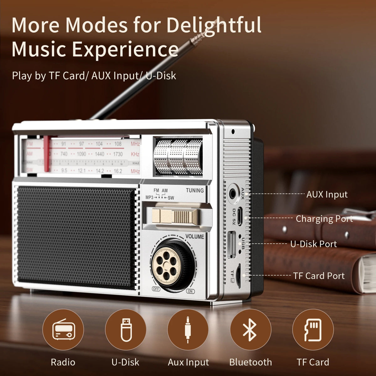 Retro All-Band Radio with Wireless Audio Connectivity, Solar & Multi-Mode Charging, Long-Lasting Battery & Multiple Play Modes