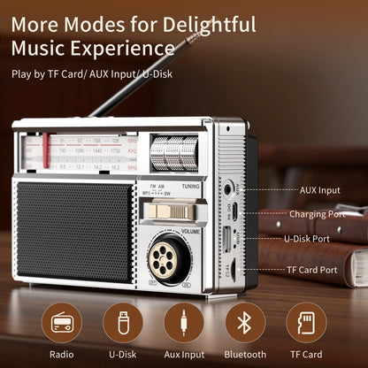 Retro All-Band Radio with Wireless Audio Connectivity, Solar & Multi-Mode Charging, Long-Lasting Battery & Multiple Play Modes