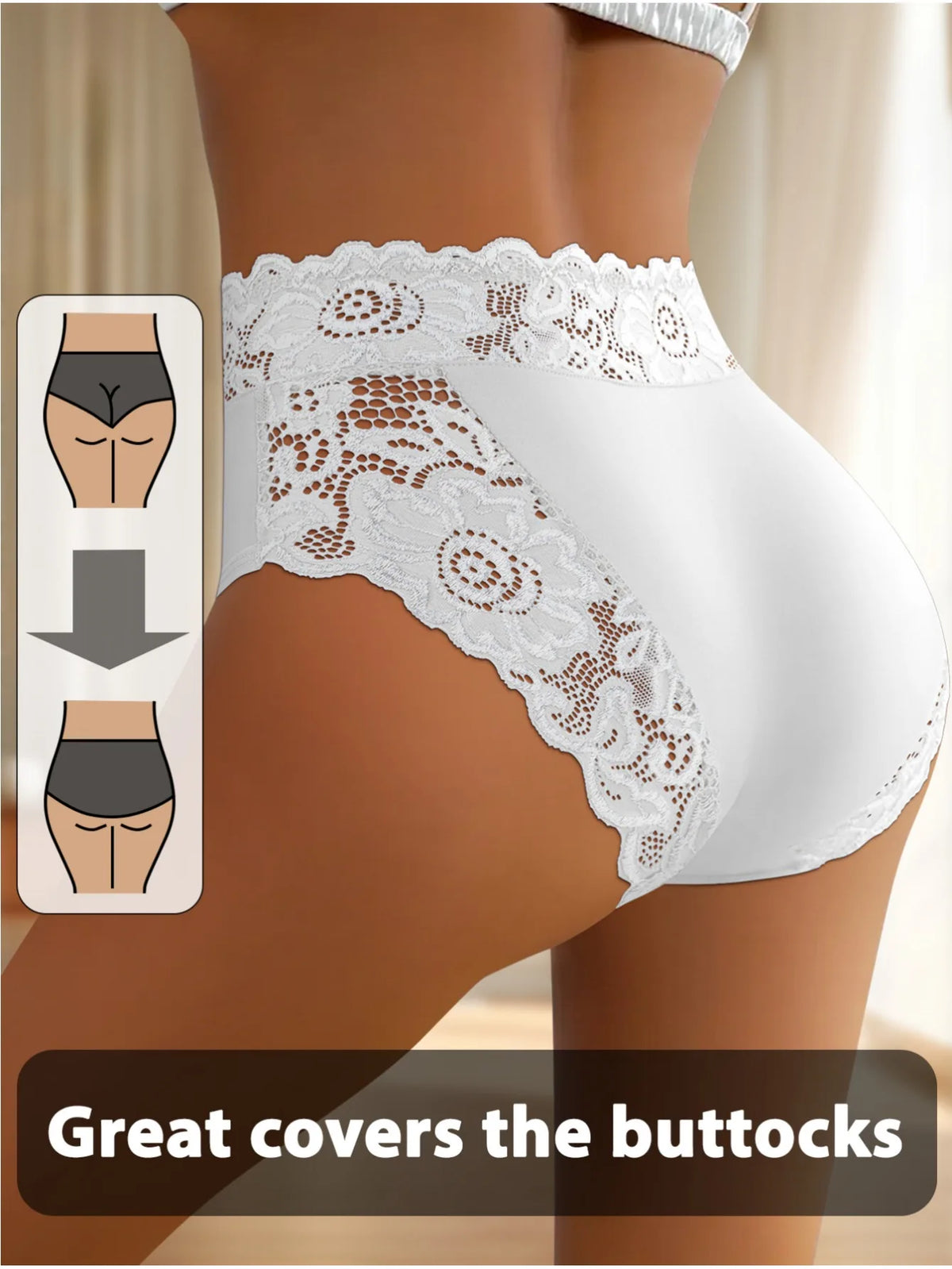 1‑Piece Women's Plus‑Size High‑Waisted Full‑Coverage Hip Briefs‑ Elegant Lace‑Spliced Panties with No Leg‑Binding Design