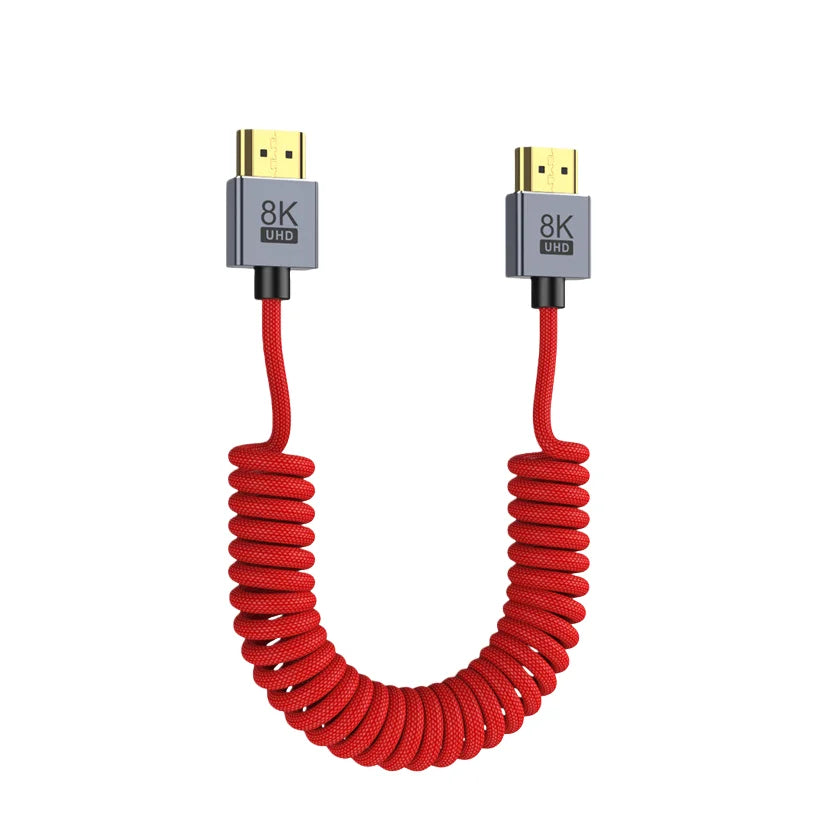 90 Degree HDMI‑Compatible Cable Coiled Spring Braided 8K 60Hz 4K 120Hz 48Gbps Male‑to‑Male Stretch Wire for Camera Field Monitor