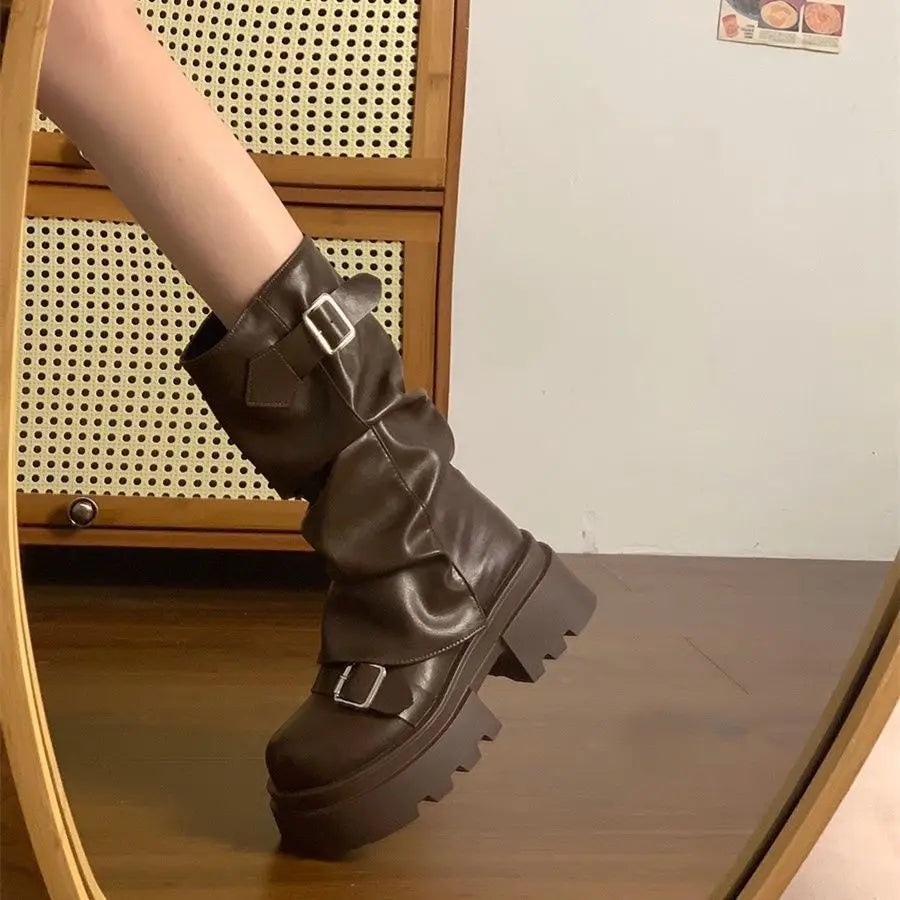 2026 New Vintage Thick Bottom Women Motorcyle Boots Fashion Belt Buckle Autumn Winter Female Slip on Mid Calf Booties