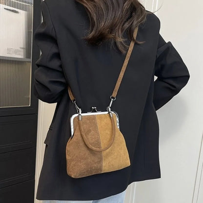 Large Capacity Retro Frosted Handbag Kiss Lock Short Handle Leather Crossbody Bag Clip Closure PU Clutch Shoulder Bag