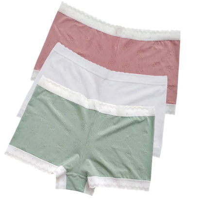 3Pcs/Set Ice Silk Boyshort Women Low Waist Panties Female Underpants Solid Color Lace Underwear Sexy Lingerie M-XL Boyshorts