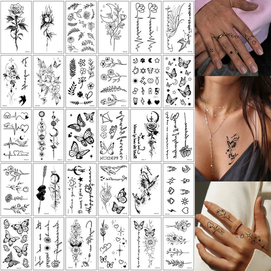 30Pcs Small Fake Tattoo for Women Men Flower Stars Moon Butterfly Temporary Tattoo Stickers for Hand Finger Wrist and Body Art