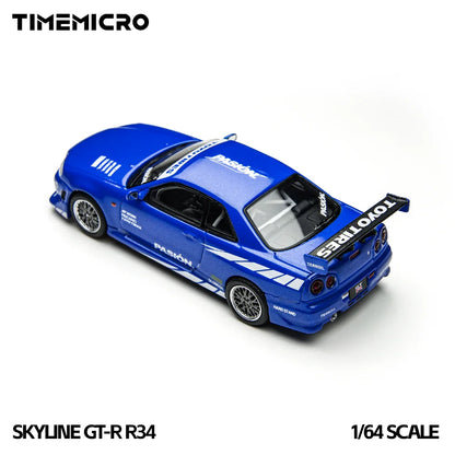 TimeMicro1:64 Skyline GT-R R34 Simulation Alloy Vehicle Model Passion Blue Diecast Car For Collection Display Gift