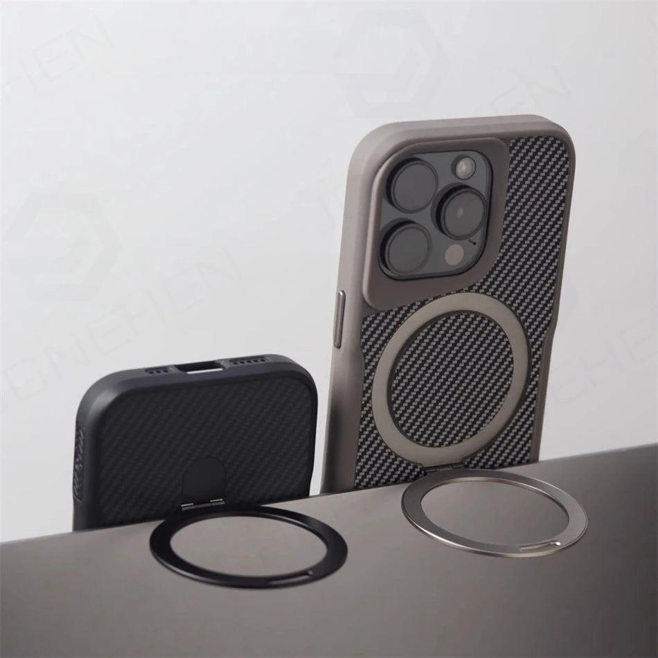 Luxury For Magsafe Shockproof Frame Armor Case For iPhone 13 15 12 14 16 17 18 Pro Max Metal Bracket Carbon Fiber Pattern Cover