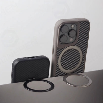 Luxury For Magsafe Shockproof Frame Armor Case For iPhone 13 15 12 14 16 17 18 Pro Max Metal Bracket Carbon Fiber Pattern Cover